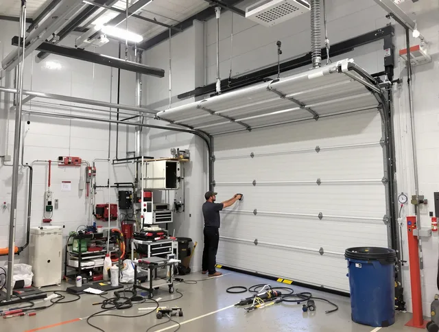 Sharon Garage Door Repair certified technician performing commercial door repair at a Sharon business facility