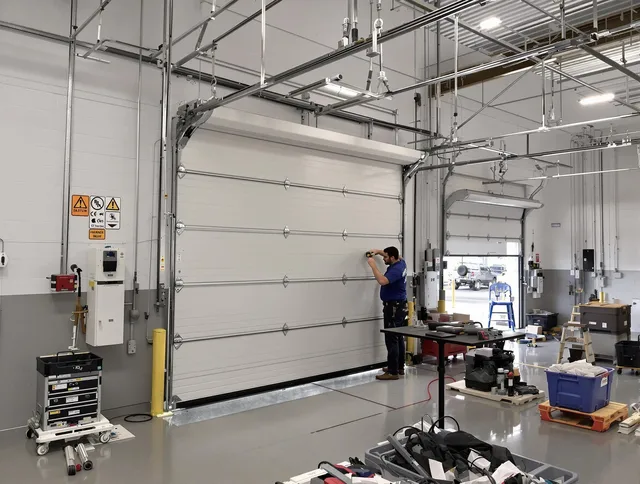 Commercial garage door repair being performed by Sharon Garage Door Repair expert in Sharon