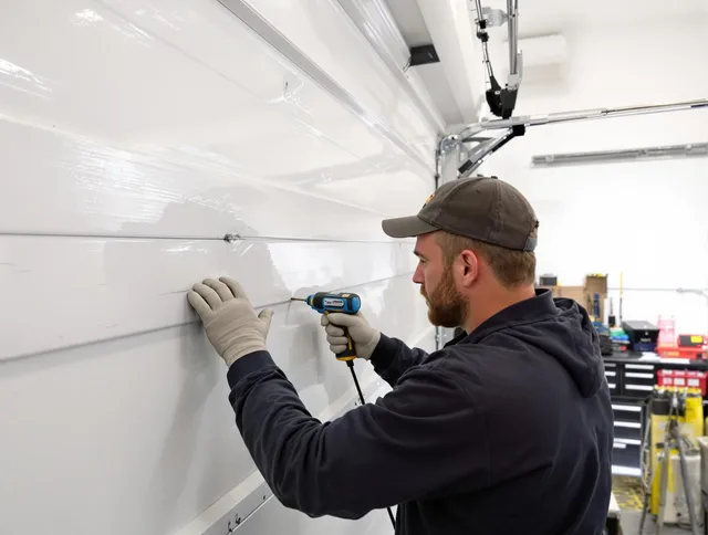 Sharon Garage Door Repair technician demonstrating precision dent removal techniques on a Sharon garage door