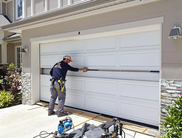 Sharon Garage Door Repair team performing complete garage door replacement at Sharon residence