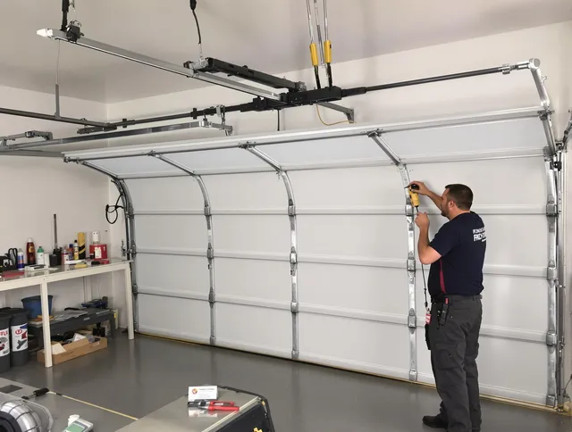 Sharon Garage Door Repair certified technician performing overhead door system repair in Sharon