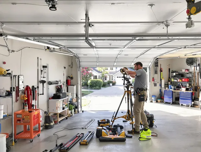 Sharon Garage Door Repair specialist performing laser-guided track alignment in Sharon